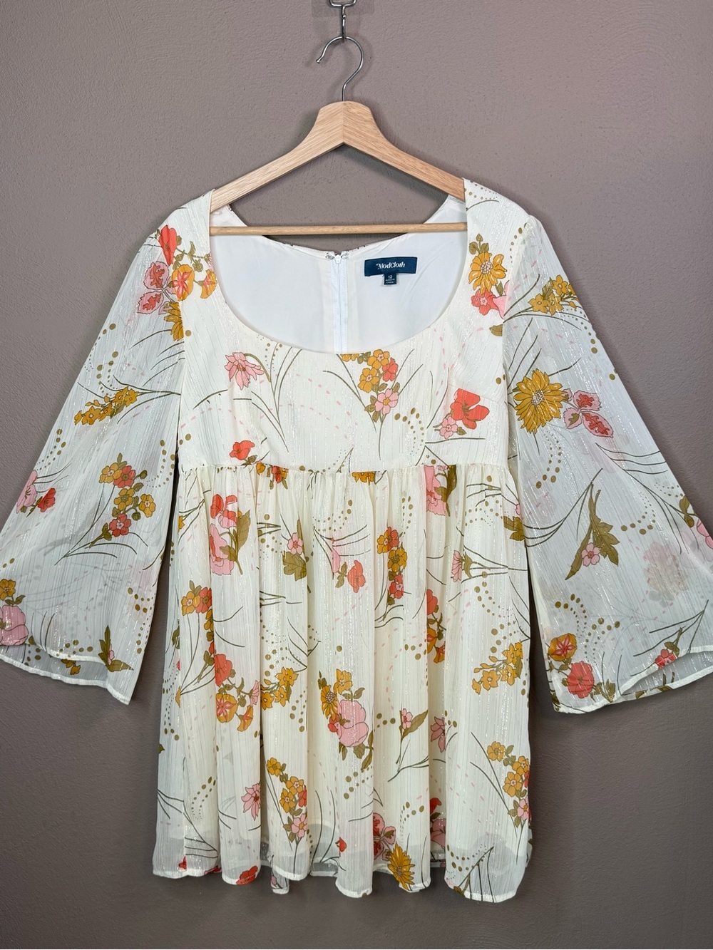 ModCloth Boho Empire Waist Flowy Floral Baby Doll Dress Bell Sleeves Size 12 - Picture 2 of 16